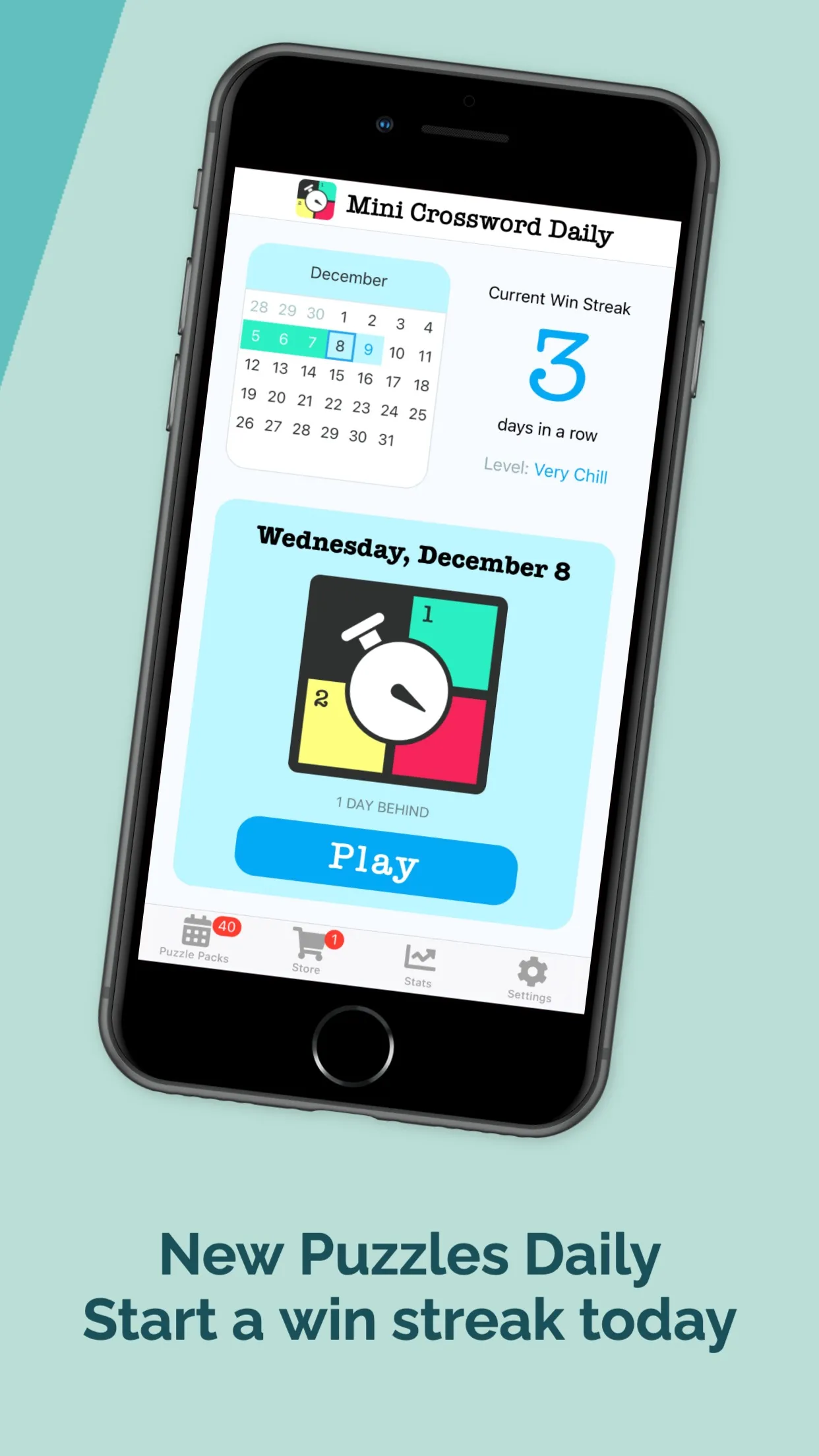 Mini Crossword Daily's calendar with the puzzle for Wednesday, December 8, a Play button and a three-day win streak