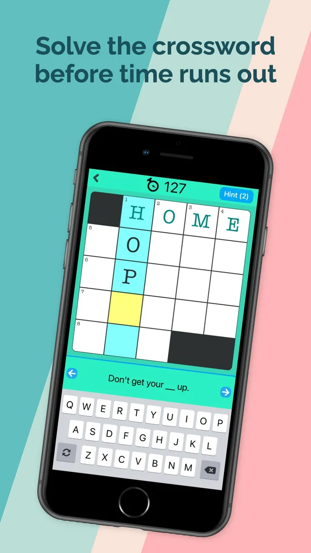 A Mini Crossword Daily grid with HOME across and a countdown timer at 127 seconds
