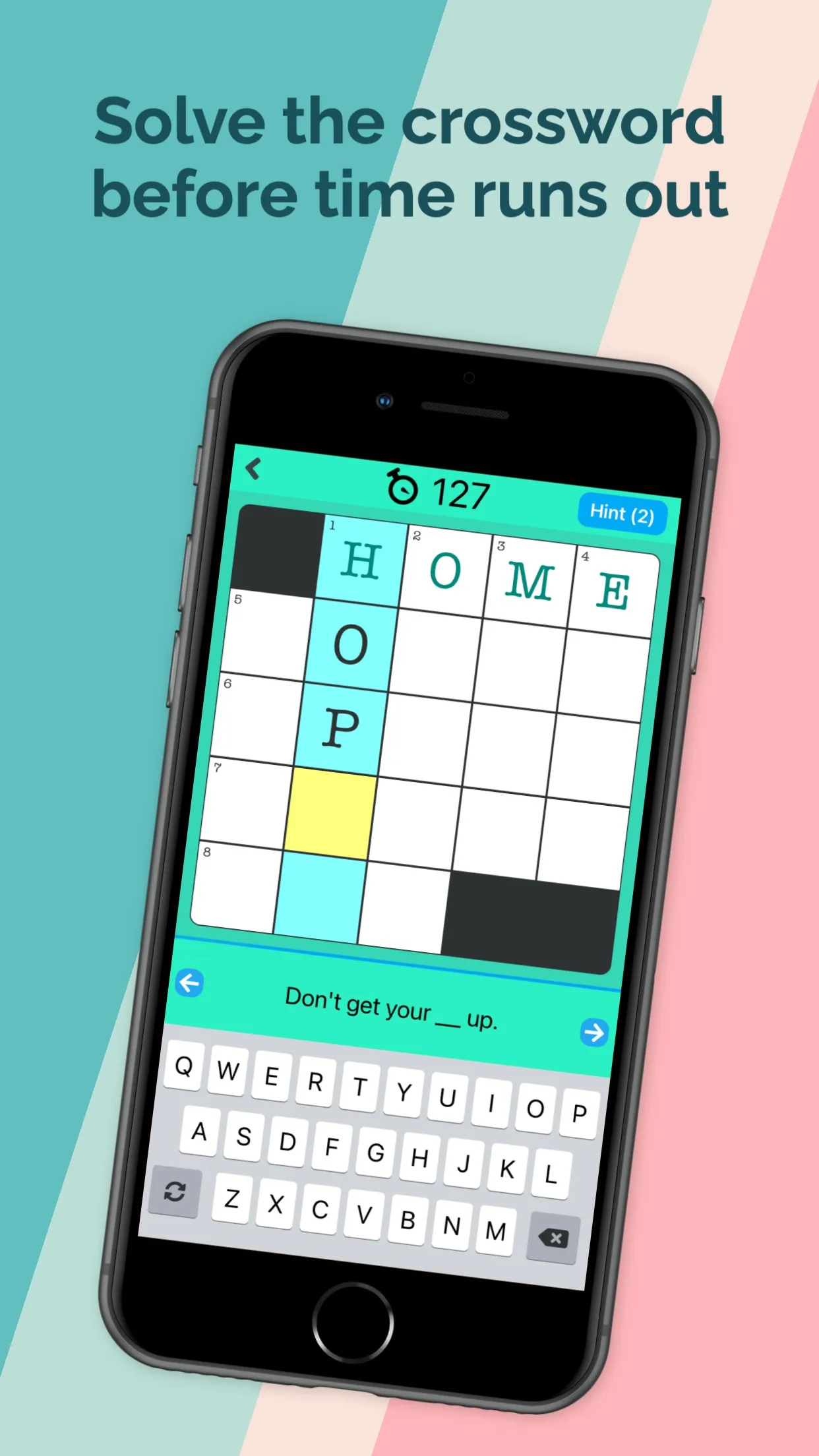 A Mini Crossword Daily grid with HOME across and a countdown timer at 127 seconds
