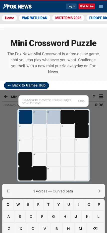 Fox News Mini Crossword at phone size on 26 October 2026: the 5x5 grid above the clue bar and keyboard, with the first tip still shown