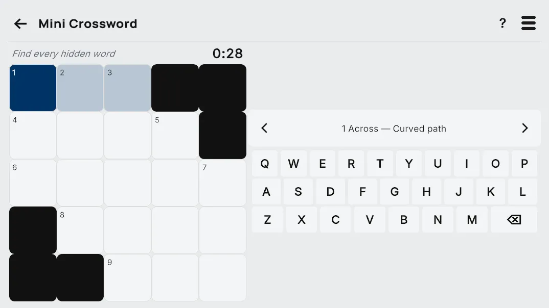 Fox News Mini Crossword board for 26 October 2026: an empty 5x5 grid with black squares, a timer, the clue 1 Across Curved path and an on-screen keyboard