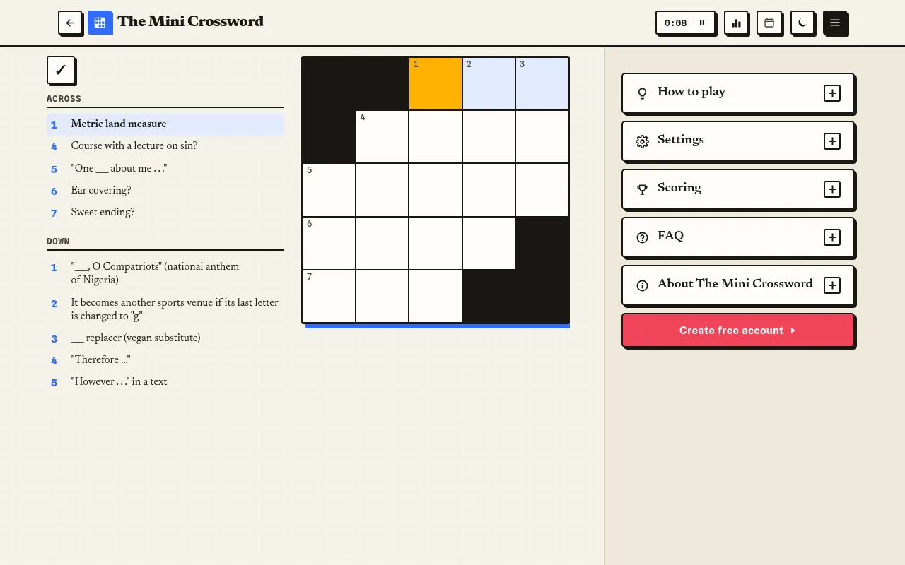 An earlier day's Mini Crossword on Greatest Games: an empty 5x5 grid with its clues, starting with Metric land measure