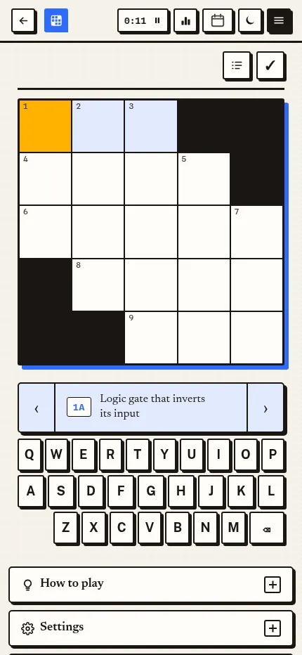 The Mini Crossword on a phone: the 5x5 grid above the current clue bar and an on-screen keyboard