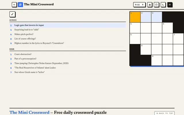 The Mini Crossword on Greatest Games at desktop size: the day's empty 5x5 grid beside its five Across and five Down clues, starting with Logic gate that inverts its input