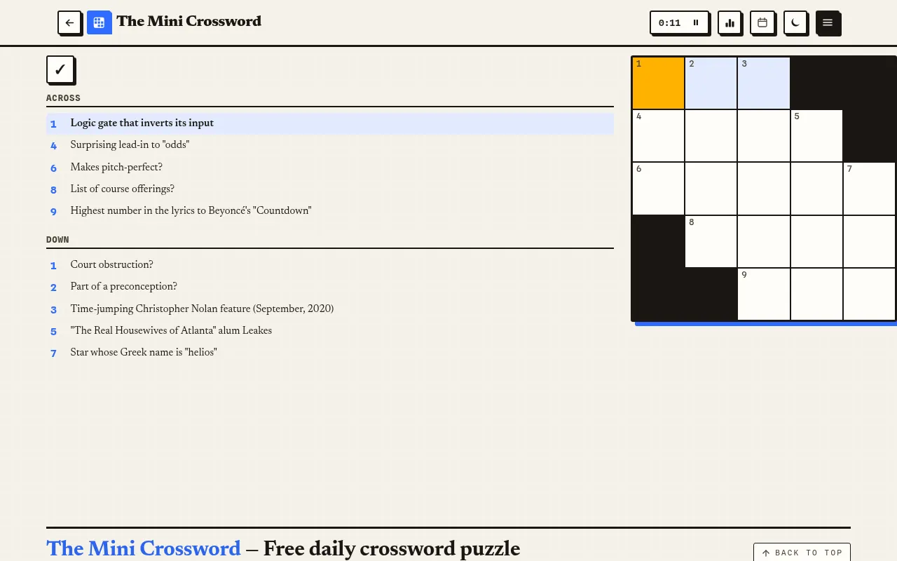 The Mini Crossword on Greatest Games at desktop size: the day's empty 5x5 grid beside its five Across and five Down clues, starting with Logic gate that inverts its input