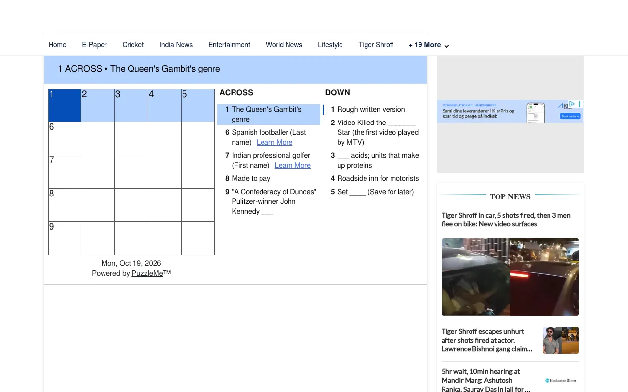 The 19 October 2026 Mini Crossword on a desktop: the empty 5x5 grid beside its five Across and five Down clues, two with Learn More links