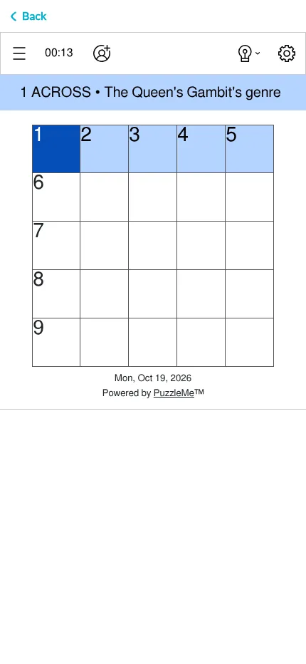 The Hindustan Times Mini Crossword for Mon, Oct 19, 2026 on a phone: an empty 5x5 grid with the clue for 1 Across above it, timer and Assist bar on top
