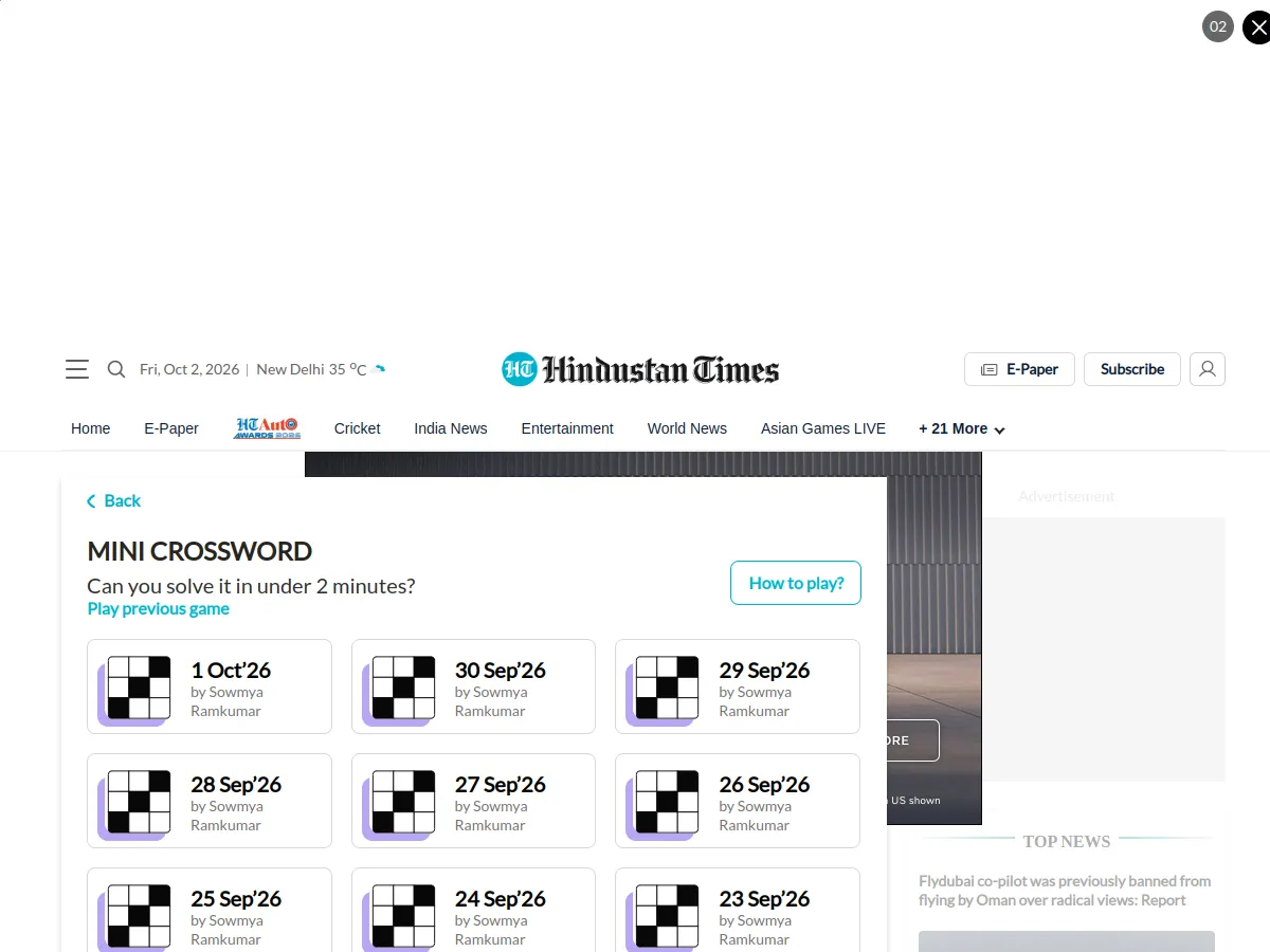 The Mini Crossword page on Hindustan Times with a list of dated puzzles
