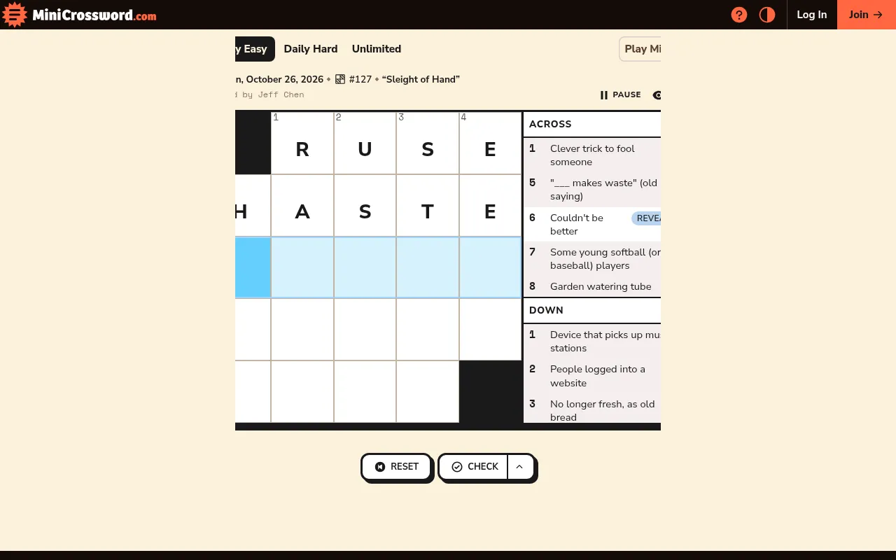 Mini Crossword Daily Easy #127 "Sleight of Hand" on a desktop with RUSE and HASTE filled in and the Across and Down clues beside the grid