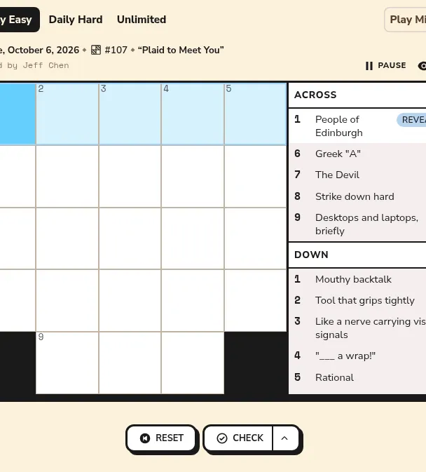 Mini Crossword Daily Easy #107 for October 6, 2026, "Plaid to Meet You", edited by Jeff Chen: an empty 5x5 grid with its first row highlighted beside the Across and Down clues, and Reset and Check but