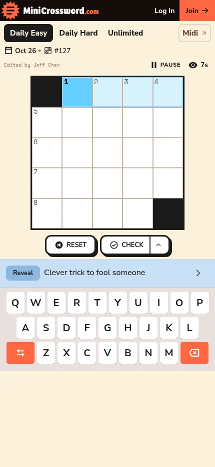 Mini Crossword Daily Easy #127 for October 26, 2026 at phone size: an empty 5x5 grid edited by Jeff Chen, with the first clue and the on-screen keyboard below