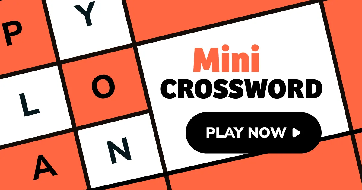 Mini Crossword banner with orange and white grid squares and a Play Now button