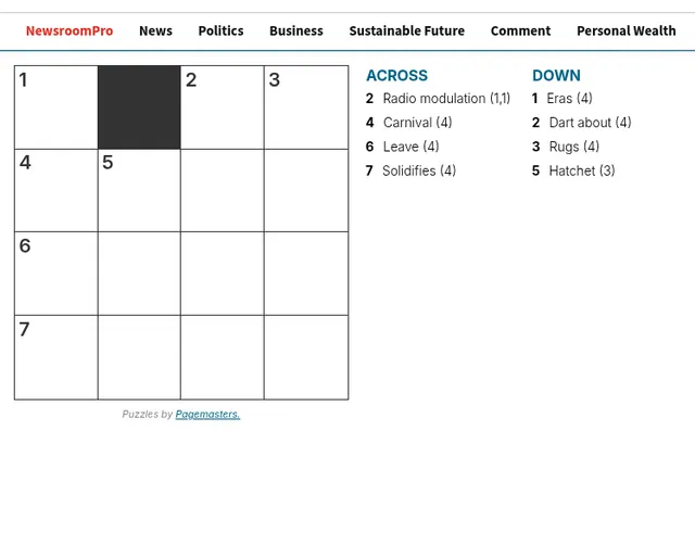 Newsroom mini crossword for 6 October: an empty 4 by 4 grid with one black square beside its clues, from 'Radio modulation (1,1)' to 'Hatchet (3)', with 'Puzzles by Pagemasters' under the grid