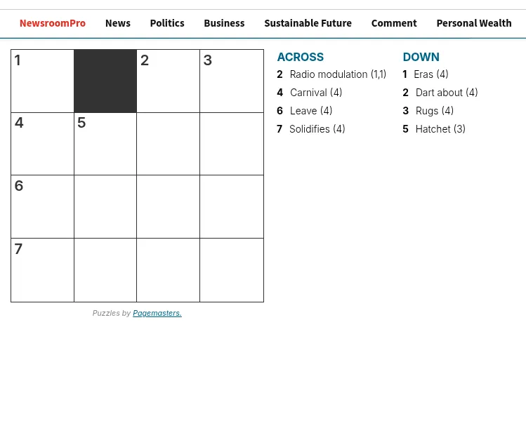 Newsroom mini crossword for 6 October: an empty 4 by 4 grid with one black square beside its clues, from 'Radio modulation (1,1)' to 'Hatchet (3)', with 'Puzzles by Pagemasters' under the grid