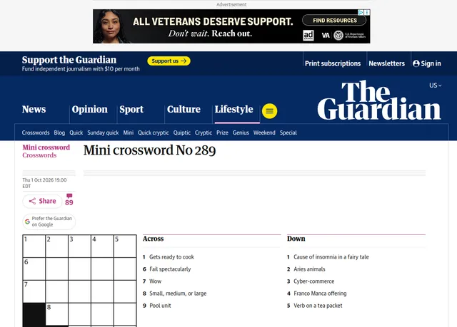 Guardian Mini crossword No 289: an empty five by five grid beside five Across and five Down clues