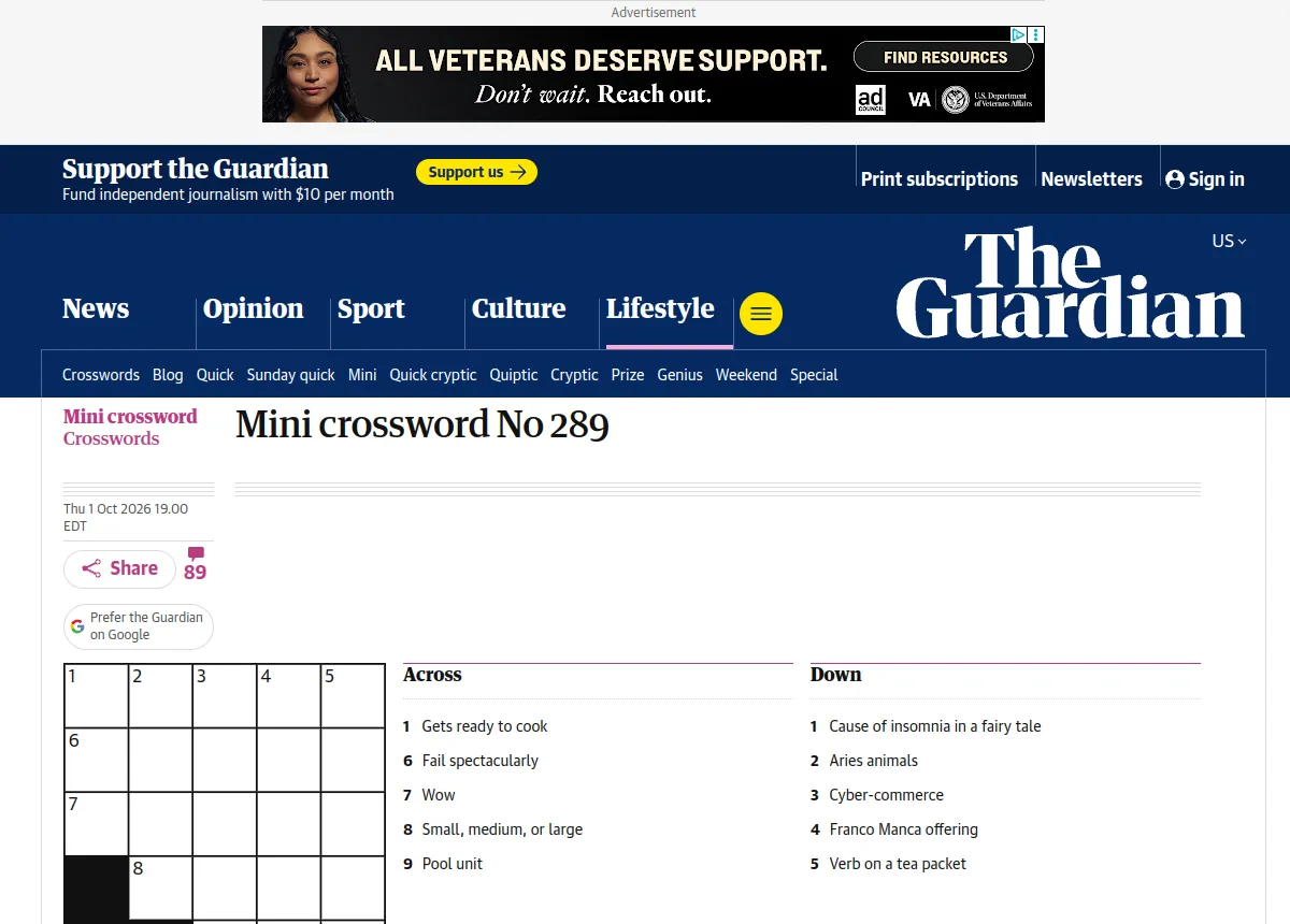 Guardian Mini crossword No 289: an empty five by five grid beside five Across and five Down clues
