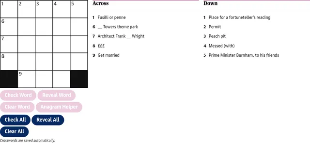 Guardian Mini crossword No 293: an empty five by five grid with two black squares on the bottom row, beside its five Across and five Down clues and the Check and Reveal buttons