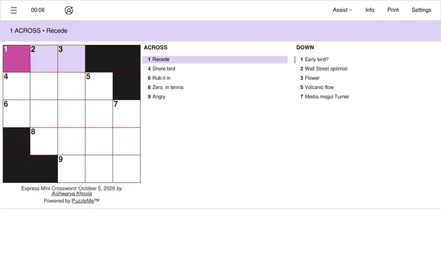 Express Mini Crossword for October 5, 2026 by Aishwarya Khosla: an empty 5x5 grid with black squares, the 1 Across clue Recede highlighted, and the Across and Down clue lists beside it in the PuzzleMe