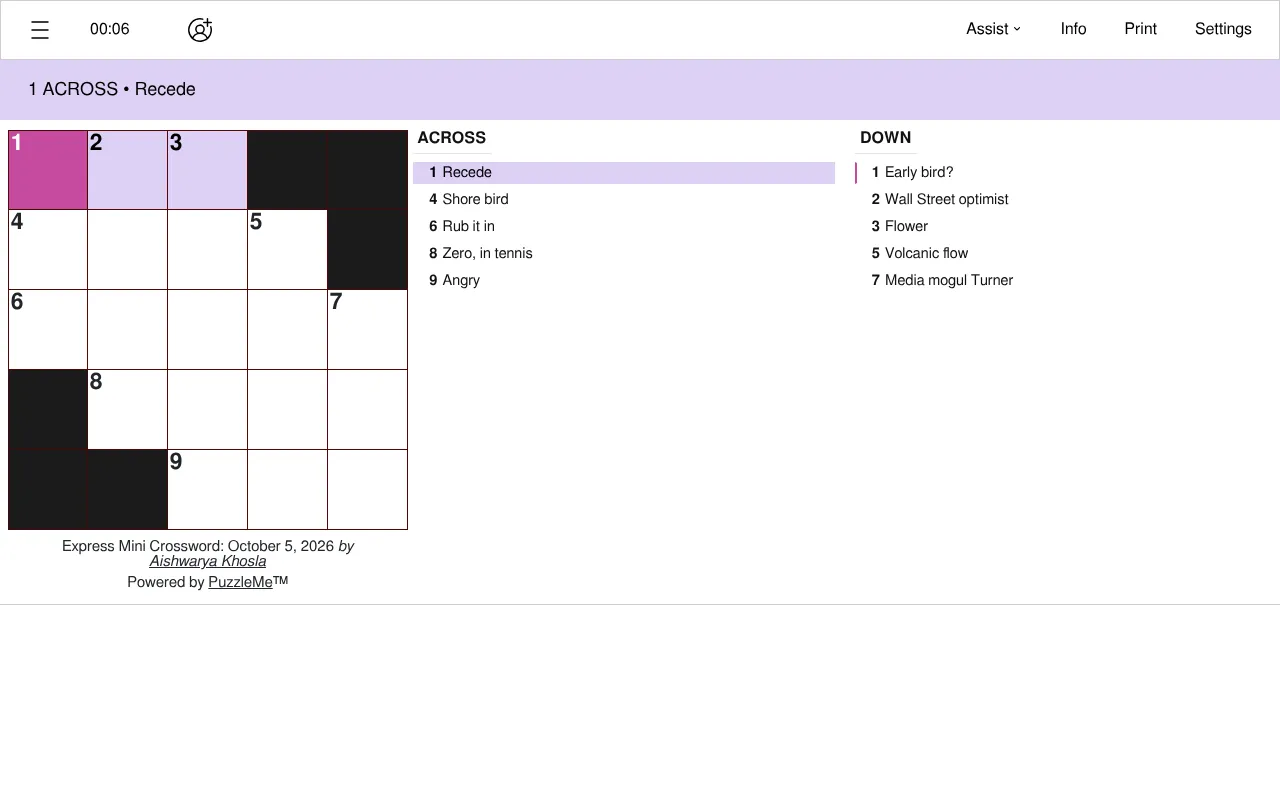 Express Mini Crossword for October 5, 2026 by Aishwarya Khosla: an empty 5x5 grid with black squares, the 1 Across clue Recede highlighted, and the Across and Down clue lists beside it in the PuzzleMe