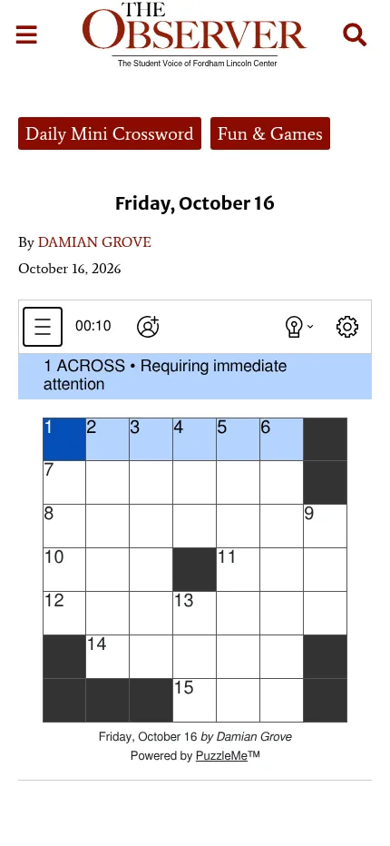 The Friday, October 16 Observer mini crossword on a phone: the empty seven by seven grid under the timer and the first clue