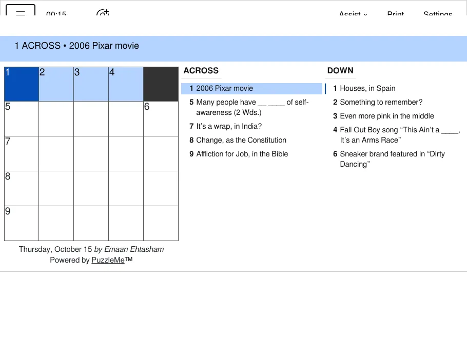 The Observer's five by five mini crossword for Thursday, October 15, with one black square and clues such as 2006 Pixar movie and Houses, in Spain