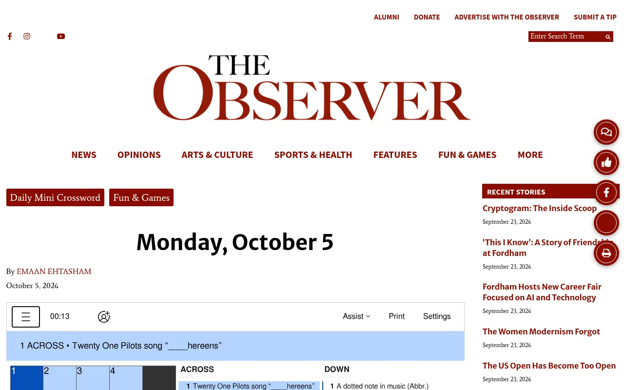 The Monday, October 5 Daily Mini Crossword story on The Observer's site, with the puzzle's timer, Assist, Print and Settings bar and the first clue