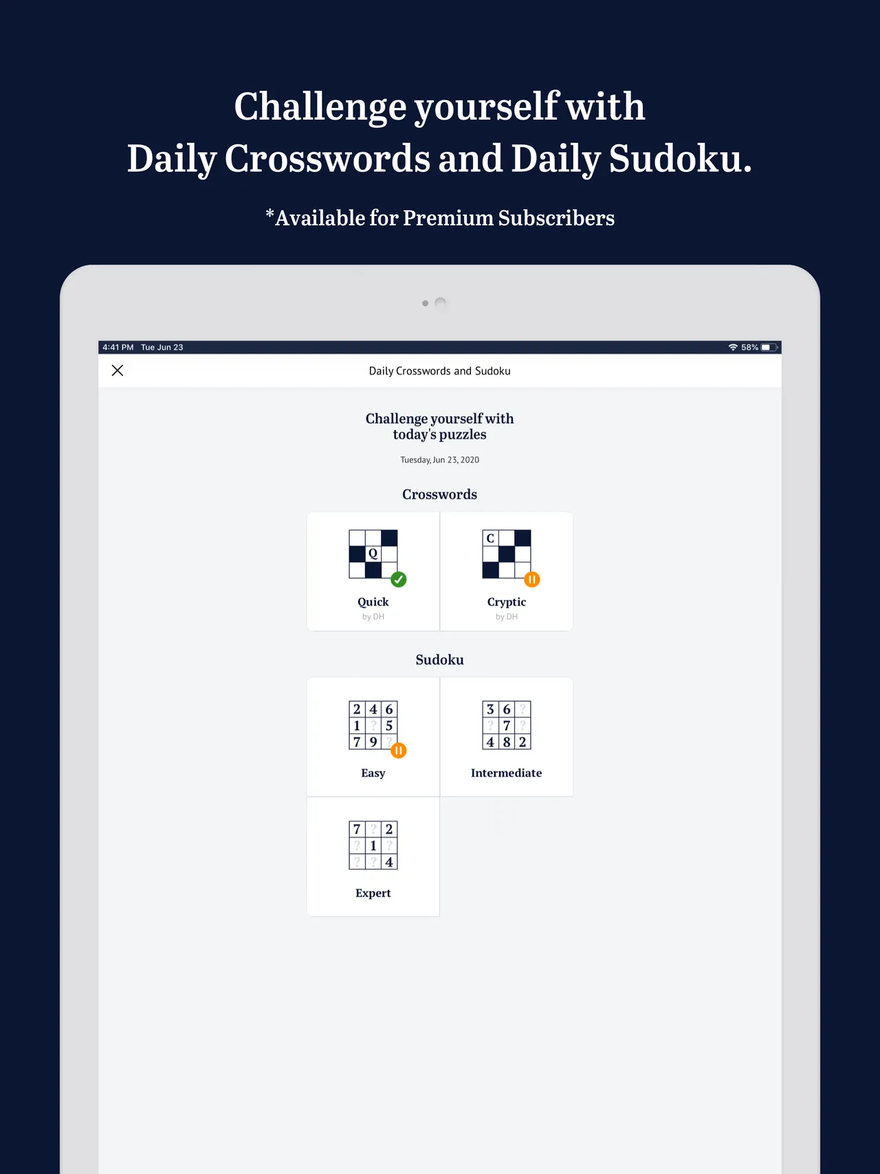 The Herald app's Daily Crosswords and Sudoku screen, with crossword and sudoku tiles for the day