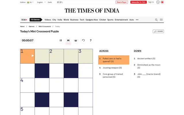 Today's Times of India Mini Crossword: an empty 5x5 grid with four black squares, a timer at 00:00:07, reveal and reset buttons, and three across and three down clues such as Jousting weapon (5)
