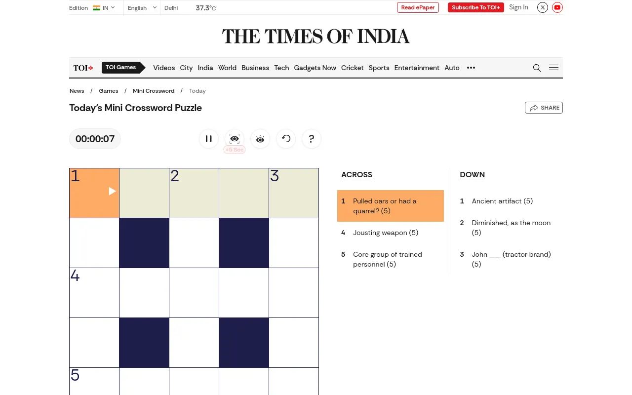 Today's Times of India Mini Crossword: an empty 5x5 grid with four black squares, a timer at 00:00:07, reveal and reset buttons, and three across and three down clues such as Jousting weapon (5)