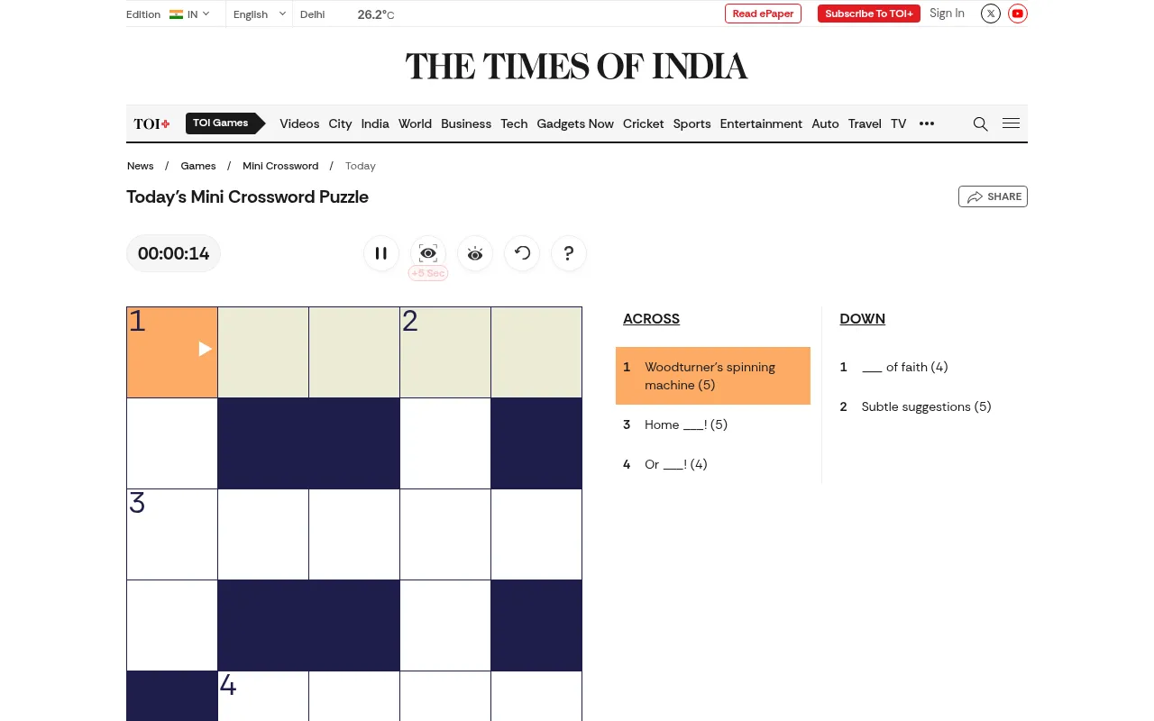 Today's Times of India Mini Crossword on a desktop: an empty 5x5 grid with six black squares, a timer, reveal buttons and clues such as Woodturner's spinning machine (5)