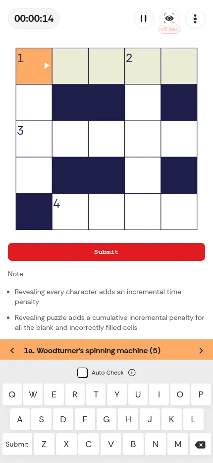 The same Times of India Mini Crossword on a phone: the grid, a Submit button, the clue bar and an on-screen keyboard with an Auto Check box