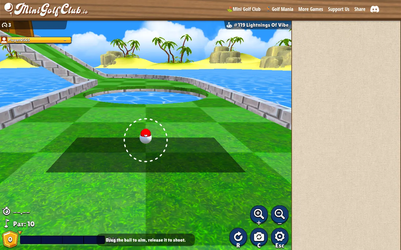 Mini Golf Club Daily Challenge hole #119, Lightnings Of Vibe, on 18 October 2026: the ball on a checkered green tee with a water pool ahead, par 10