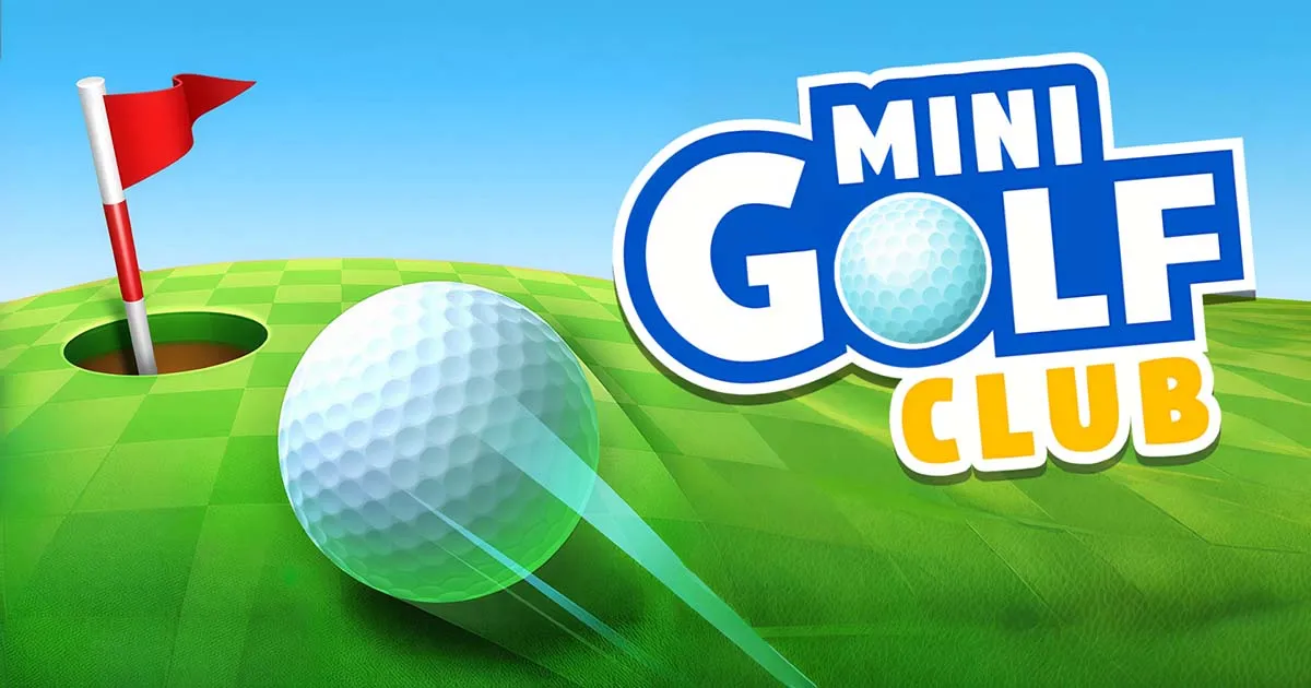 Mini Golf Club logo beside a golf ball rolling across a green towards a hole with a red flag