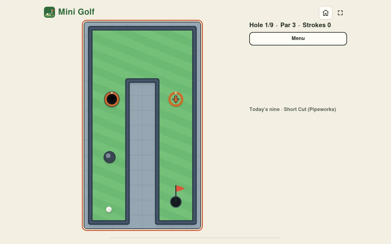 Mini Golf Daily Nine, hole 1 of 9 (Short Cut from Pipeworks): a U-shaped green with the ball at the bottom left, two tunnel holes and the flag at the bottom right