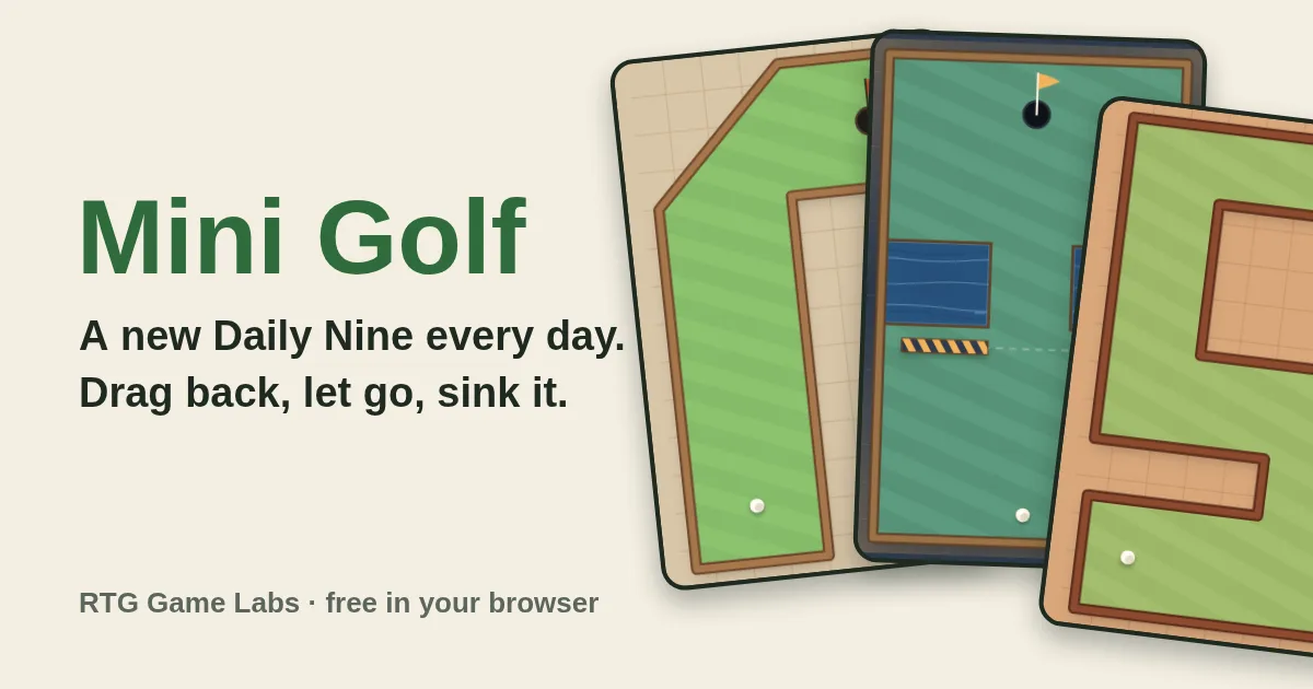 Mini Golf share image: three tilted hole cards, a green dogleg, a teal hole between two water pools with a striped sliding barrier, and a sandy S-bend