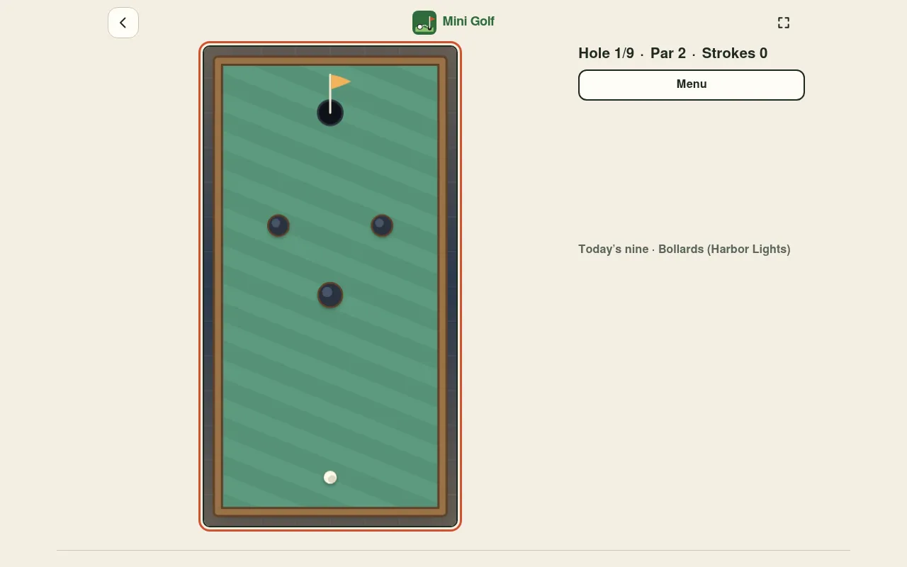 Mini Golf Daily Nine for 26 October 2026, hole 1 of 9, par 2 (Bollards from Harbor Lights): a straight green with three round bollards between the ball and the flag