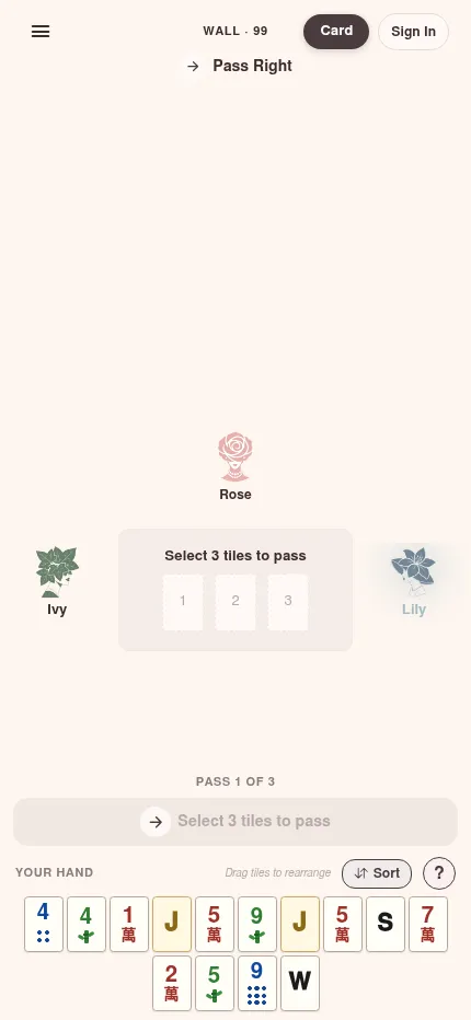 Mini Mahj on a phone: today's table with Rose, Ivy and Lily, the pass slots and the player's hand in two rows