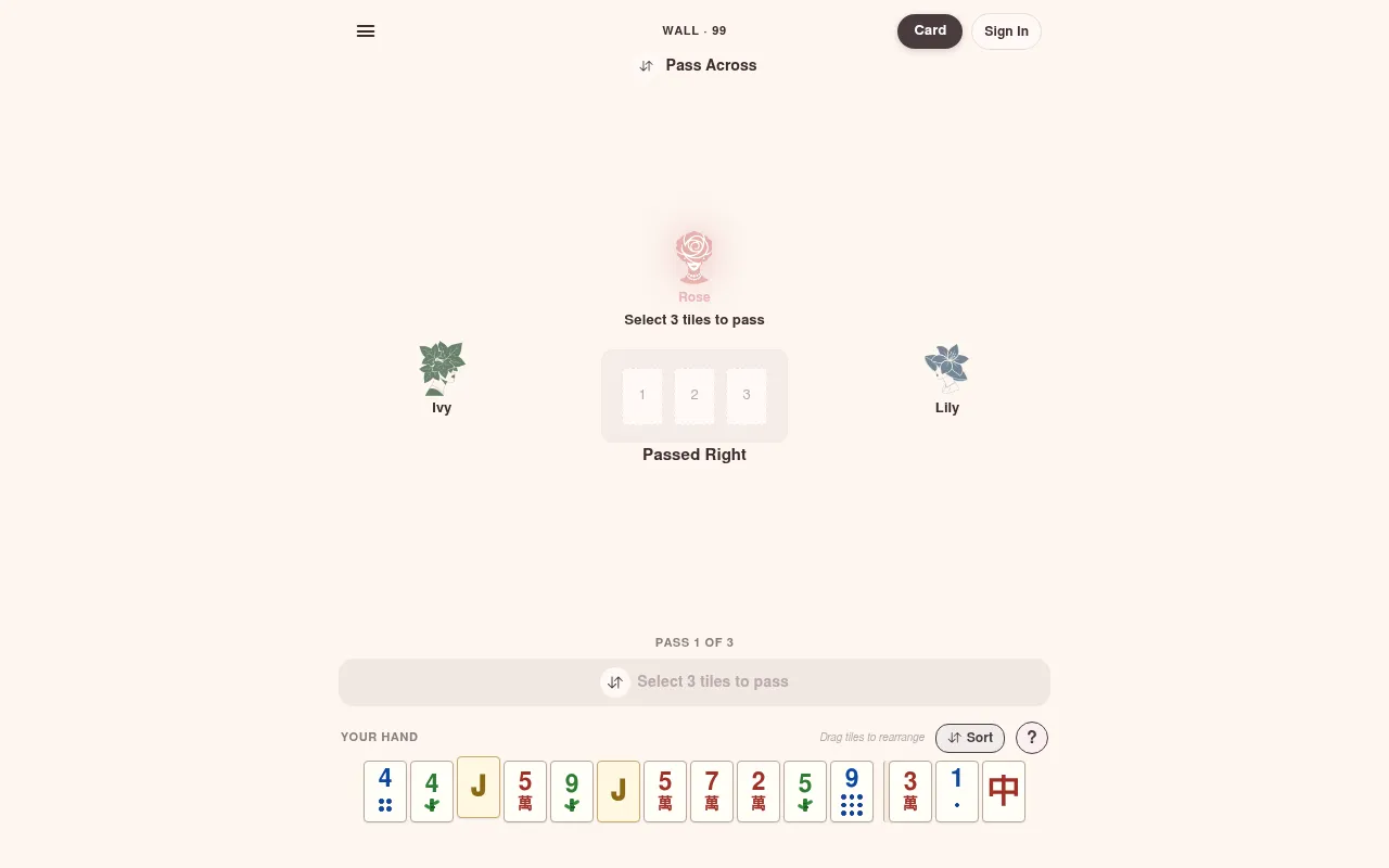 Mini Mahj after the first pass right: the pass across is under way and three new tiles have joined the player's hand