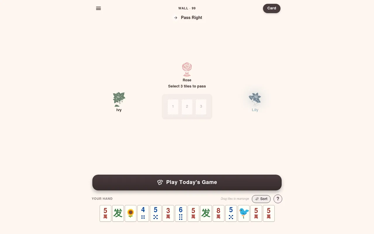Mini Mahj: the pass stage with opponents Rose, Ivy and Lily, three empty pass slots and the player's hand of mahjong tiles below