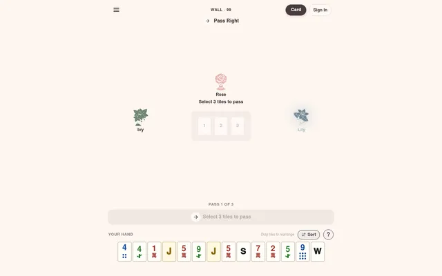 Mini Mahj today's board at the first pass: opponents Rose, Ivy and Lily, three empty pass slots and the player's fourteen tiles below