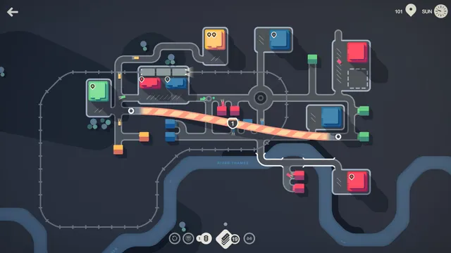 Mini Motorways gameplay: a dark city map with coloured houses and destinations linked by grey roads, a roundabout and a highlighted motorway crossing a river