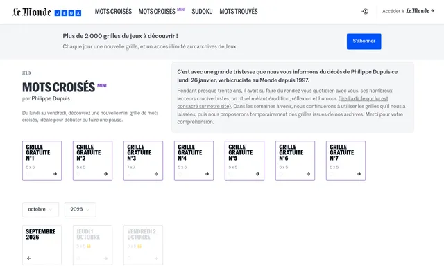 The Mots croisés mini page on Le Monde Jeux: the title 'par Philippe Dupuis', a note about a new mini grid Monday to Friday, seven free 5 by 5 and 7 by 7 grids, and the dated grids for 1 and 2 October
