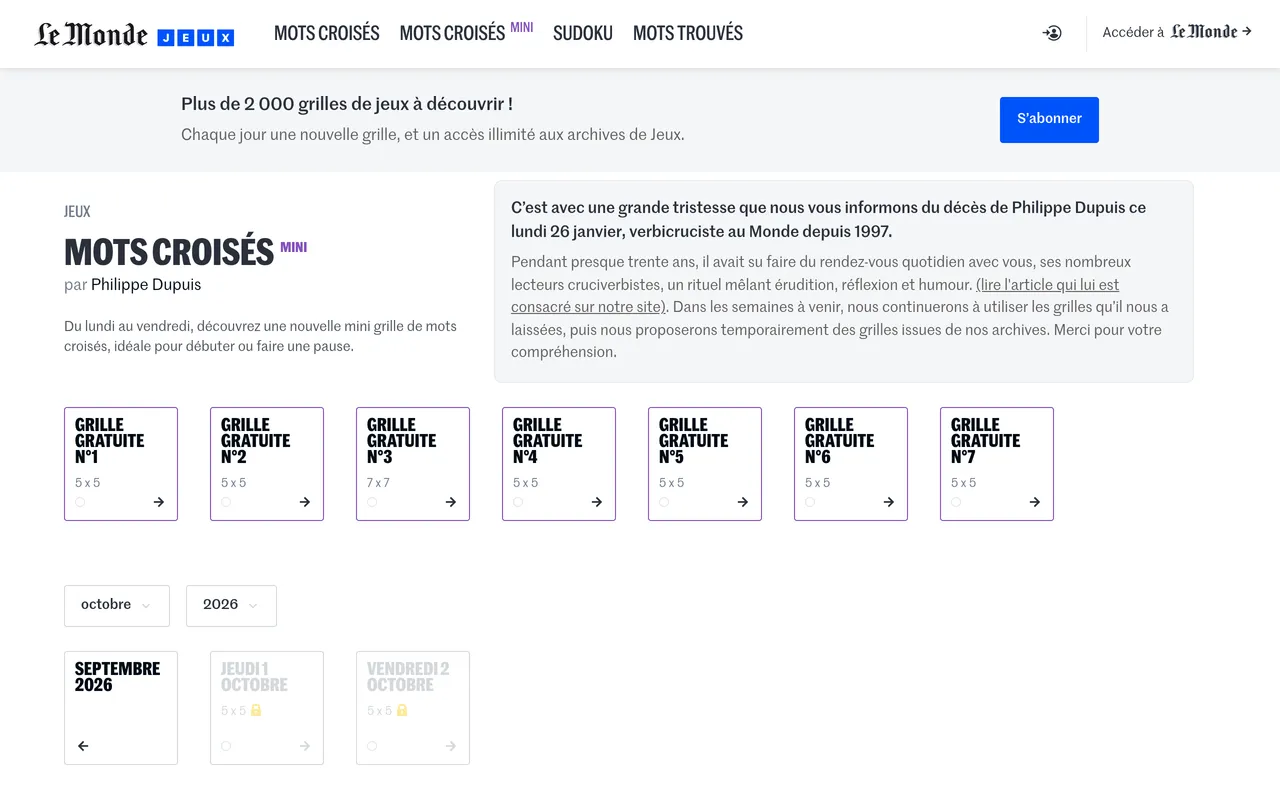 The Mots croisés mini page on Le Monde Jeux: the title 'par Philippe Dupuis', a note about a new mini grid Monday to Friday, seven free 5 by 5 and 7 by 7 grids, and the dated grids for 1 and 2 October