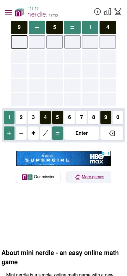 Mini nerdle #1735 at phone size after a first guess of 9+5=14, with the six-column grid and keypad