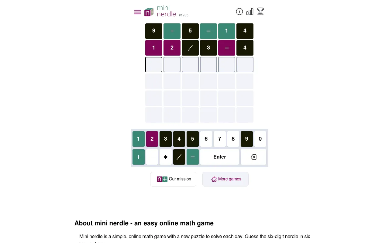 Mini nerdle #1735 on desktop with two guesses, 9+5=14 and 12/3=4, in green, purple and dark tiles above the number and operator keypad