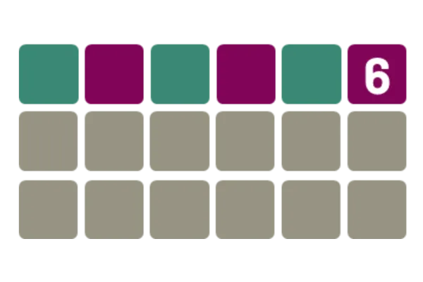 Mini nerdle tile art: a row of green and purple tiles ending in a 6, above two grey rows