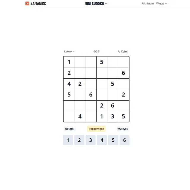 Łamaniec Mini Sudoku 6x6 grid with some digits filled in, a difficulty selector, 0/20 counter and a keypad of digits 1 to 6