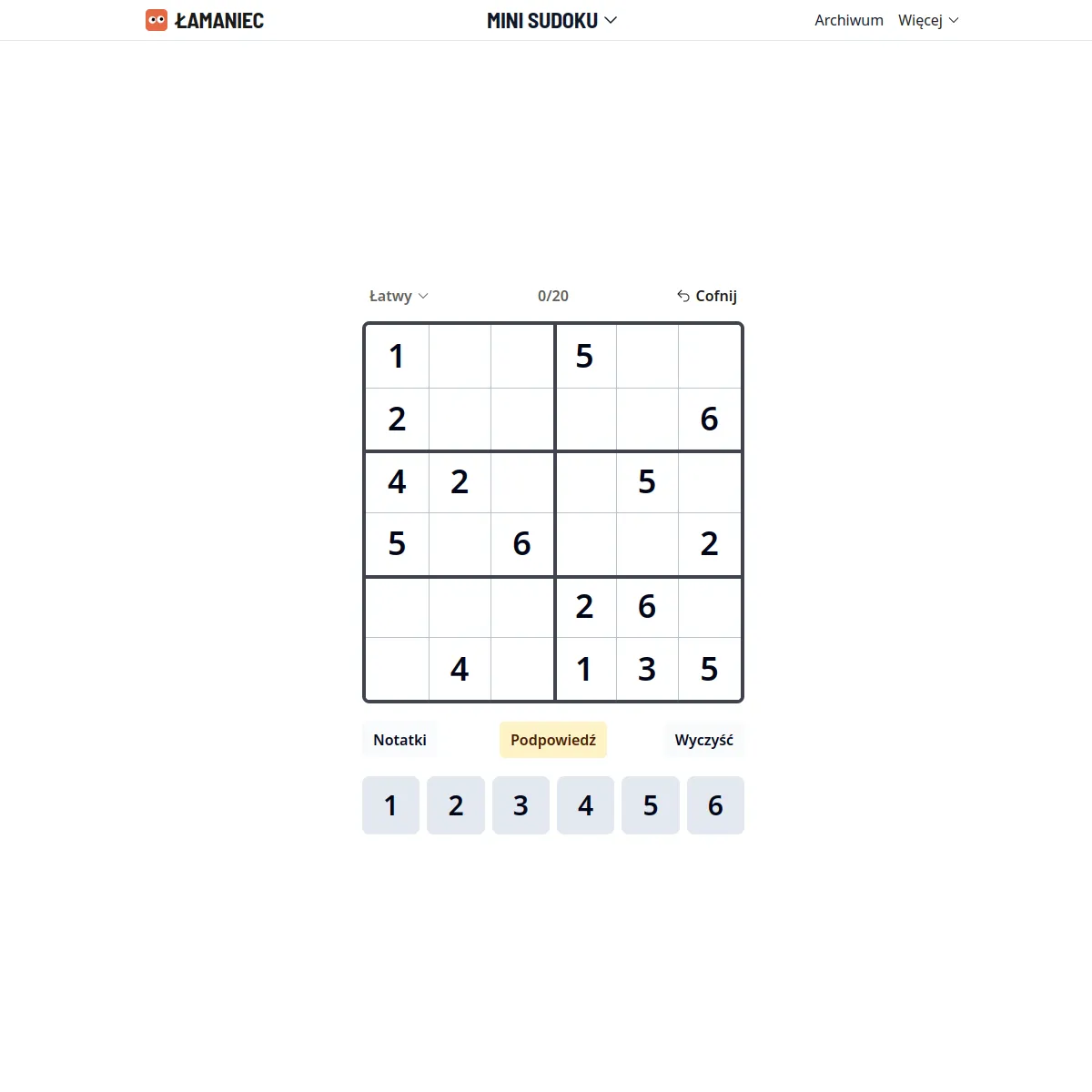 Łamaniec Mini Sudoku 6x6 grid with some digits filled in, a difficulty selector, 0/20 counter and a keypad of digits 1 to 6