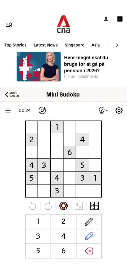 CNA's Mini Sudoku on a phone: the timer, the October 18 grid and the number pad below it, with an ad above the game