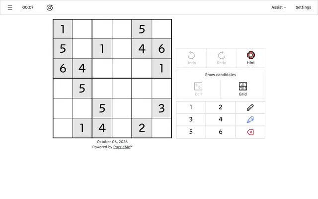 CNA's Mini Sudoku for October 06, 2026: a six by six grid with grey given digits, beside undo, hint, candidate and number buttons